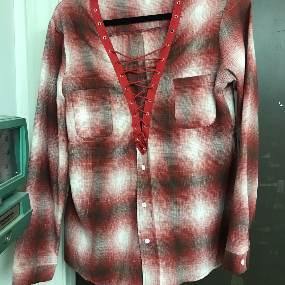 Lace Up Plaid Top